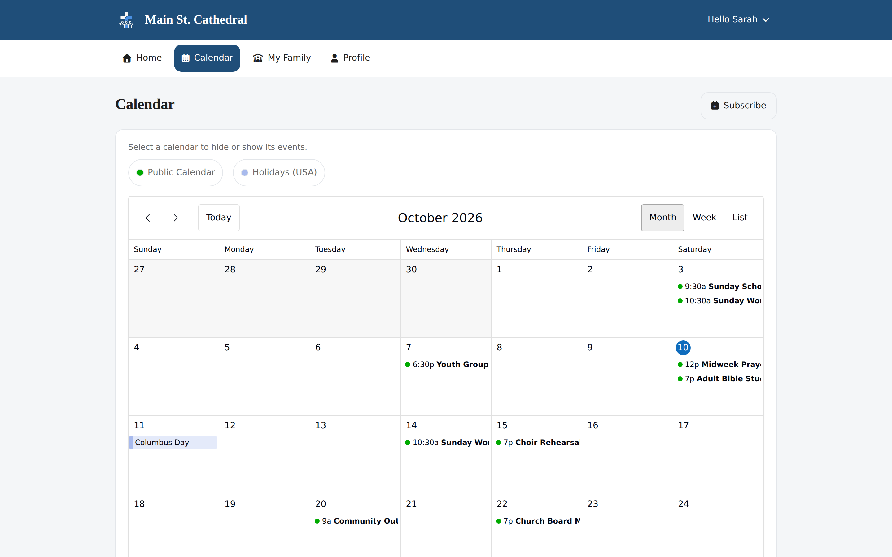 The portal calendar, with the Bible Classes calendar switched off in the legend